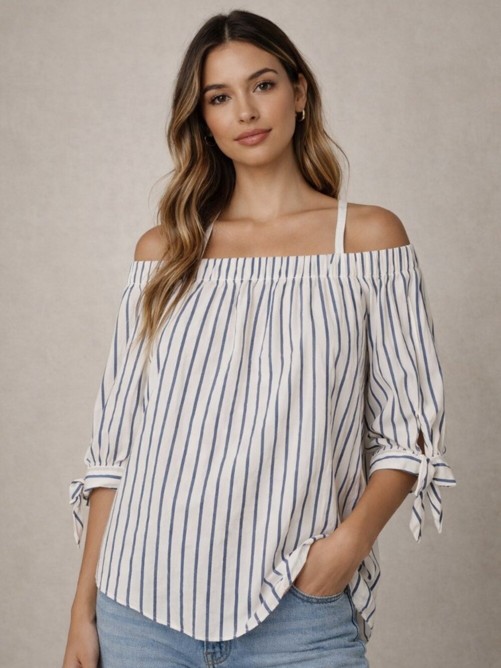 IZ Byer Off-Shoulder Striped Blouse | Blue & White | Size XL